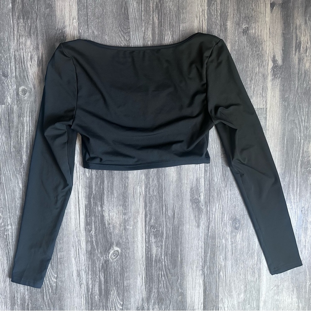 Long Sleeve Scoop Neck Stretchy Black Crop Top SZ XS Stretchy Black Top - Picture 10 of 13